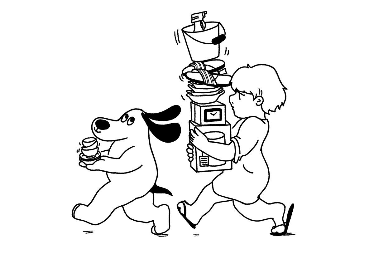 black and white illustration of girl and dog carrying many shopping items