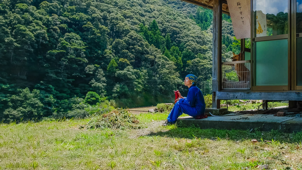 woman in blue coveralls sitting by edge of Japanese house looking out towards green landscape after she finished gardening and weeding